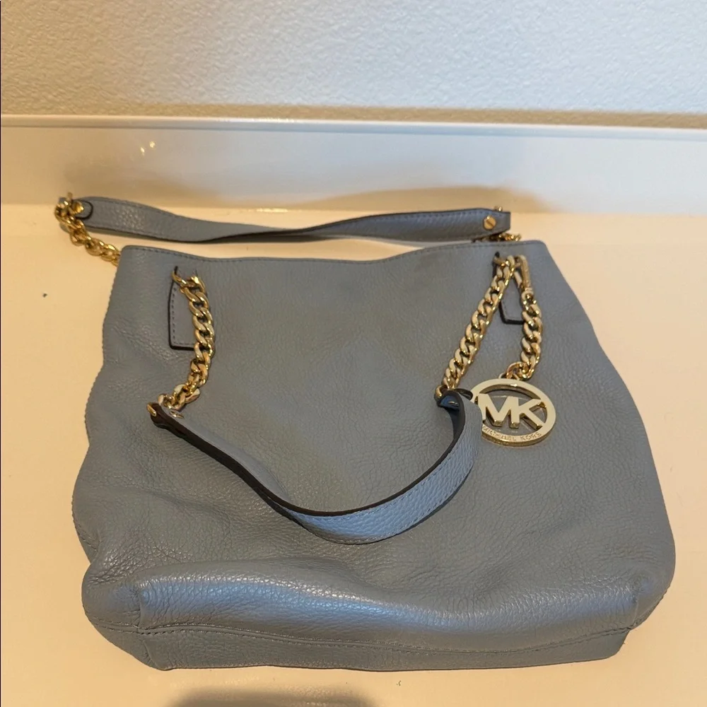 Michael Kors Light Gray Pebbled Leather Shoulder Bag with Gold Hardware